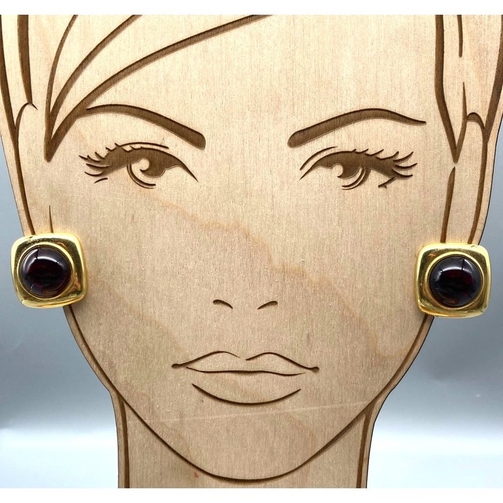 Vintage Monet Red Glass Cabochon Earrings, Gold Tone Clip On Squares, Runway